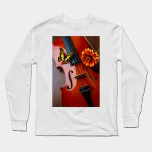 Butterfly And Zinnia On Violin Long Sleeve T-Shirt